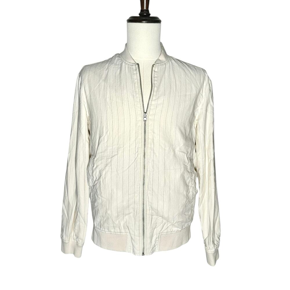 Zara | Men | Pinstripe Cream White Cotton Full Zip Light Bomber Jacket | Medium - Picture 2 of 15